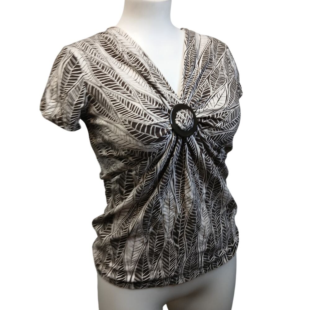 Josephine Chaus Vintage Earthy Geometric Leaf Print Ruched Blouse S